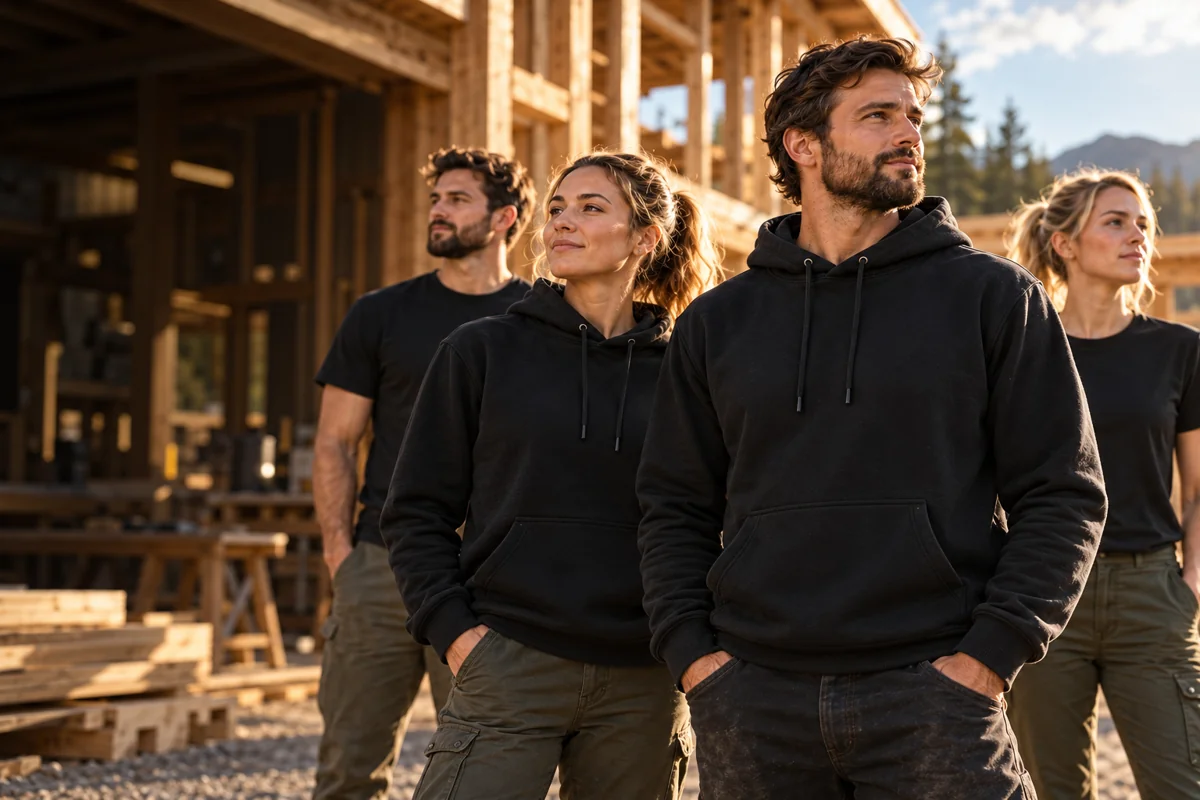 A company team wearing black T-shirts and hoodies outside a timber workshop