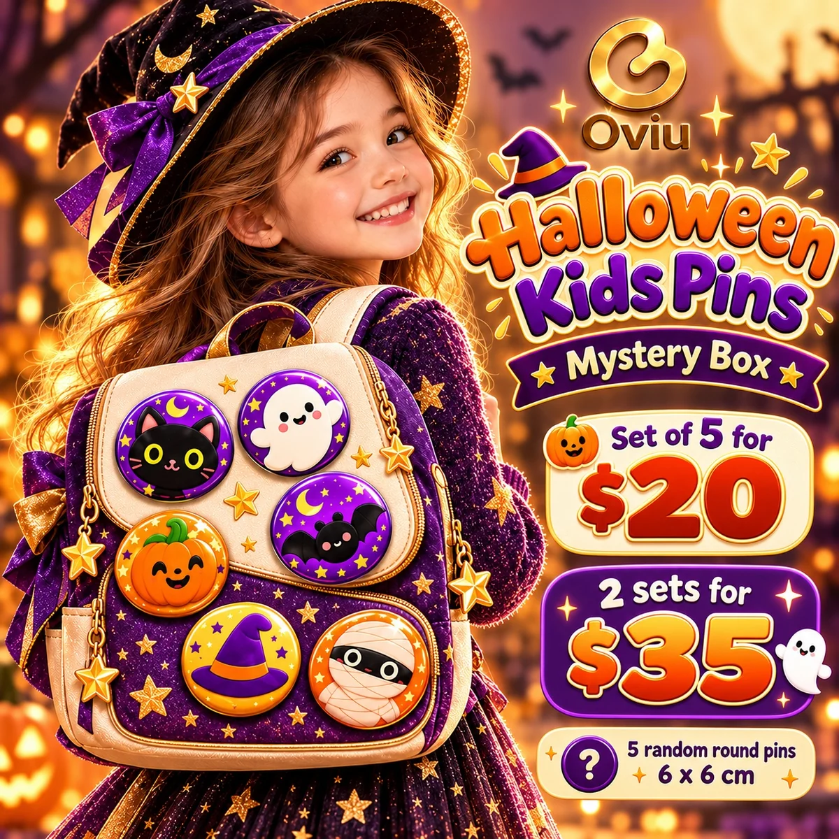 Halloween Kids Pins Mystery Box ad showing a child’s backpack with colourful round pins: five random pins for $20, or two sets for $35.