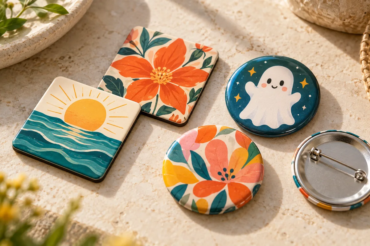 Square magnets with sun and flower illustrations beside round ghost and flower badges, including a pin-back view